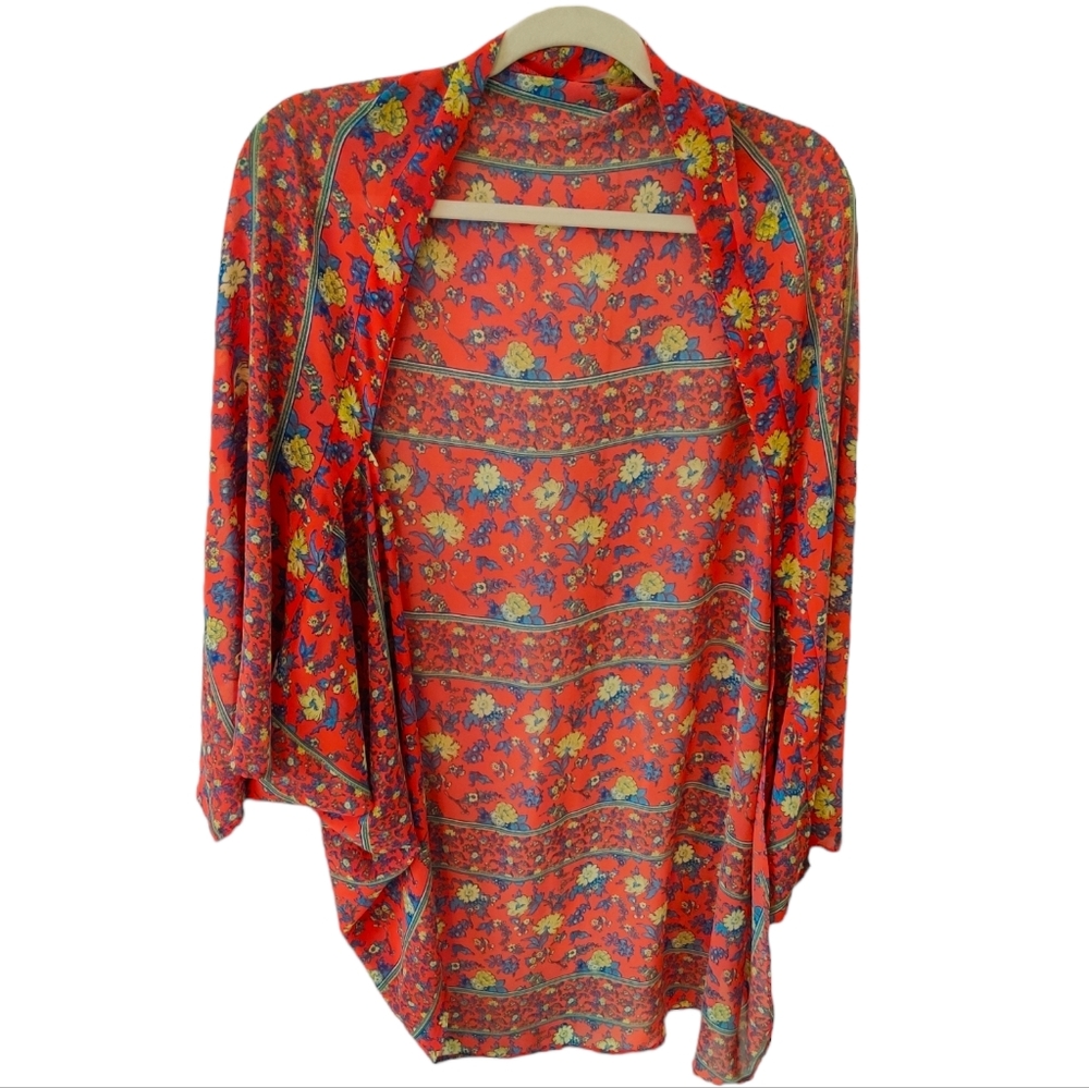 Avenue Loralette Red Floral Cocoon "Long Sleeve" Kimono Caftan EUC sz OSFM